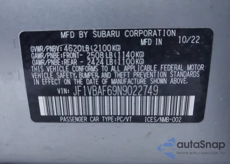 2022 Subaru Wrx Premium из США, поврежденный, VIN JF1VBAF69N9022749